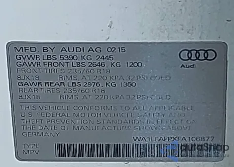 2015 Audi Q5 2.0T Premium from USA, damaged, VIN WA1LFAFPXFA106877